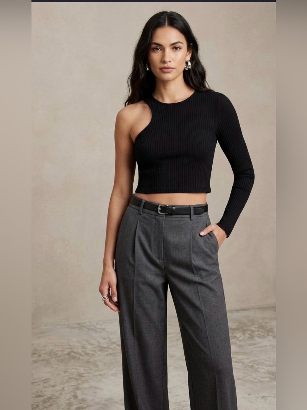 Express Black Asymmetric One-Shoulder Ribbed Long Sleeve Top